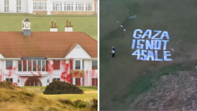 trumpin iskocyadaki golf sahasinda protesto gazze satilik degil dUelNyF8
