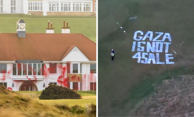 trumpin iskocyadaki golf sahasinda protesto gazze satilik degil dUelNyF8