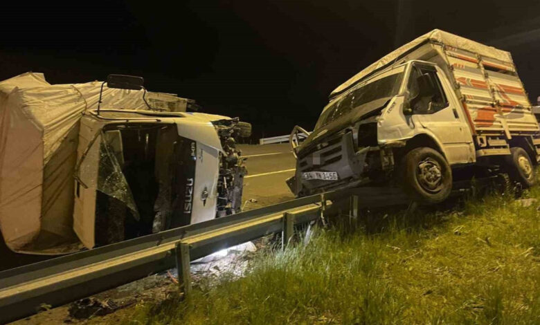 hayvan yuklu iki kamyonet digor kavsaginda carpisti 3 yarali 1 buyukbas hayvan telef oldu 6B8RmxbV